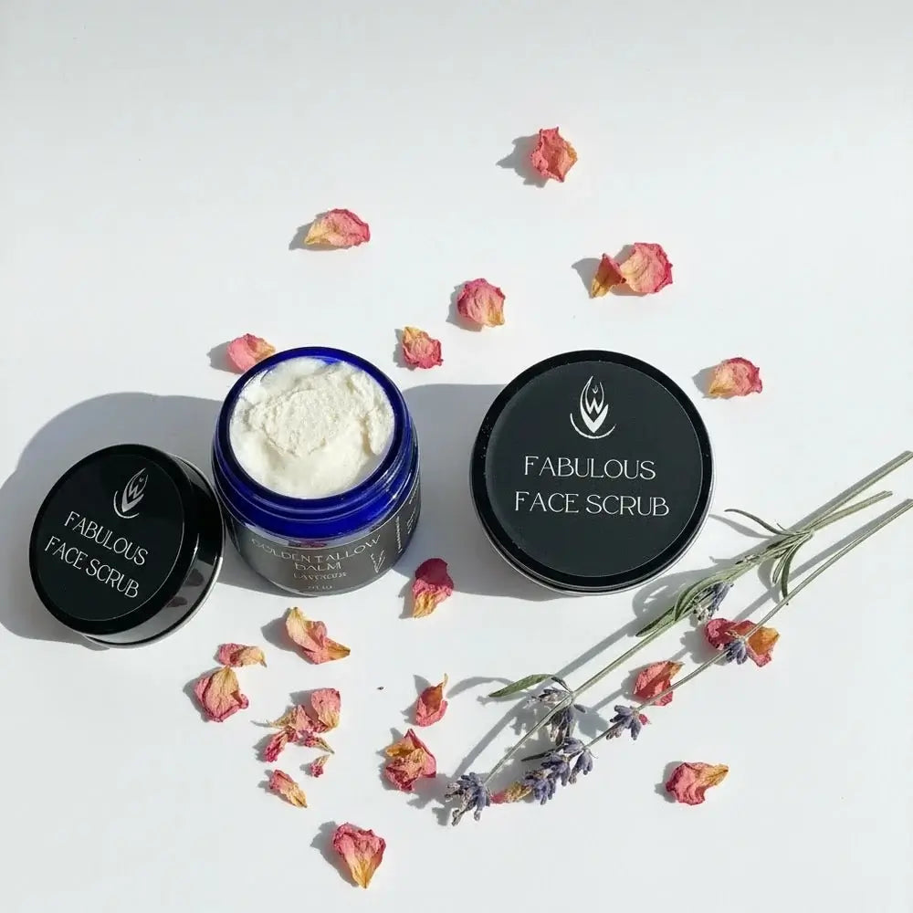 Moisturizing Tallow Duo Dry Skin products with Golden Tallow Balm and Fabulous Face Scrub on a textured surface.