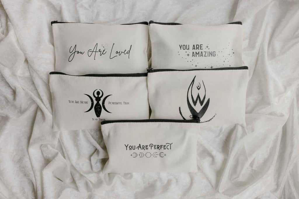Menstrual Starter Kit Tween Period Supplies featuring black pouches with inspirational gold fonts.